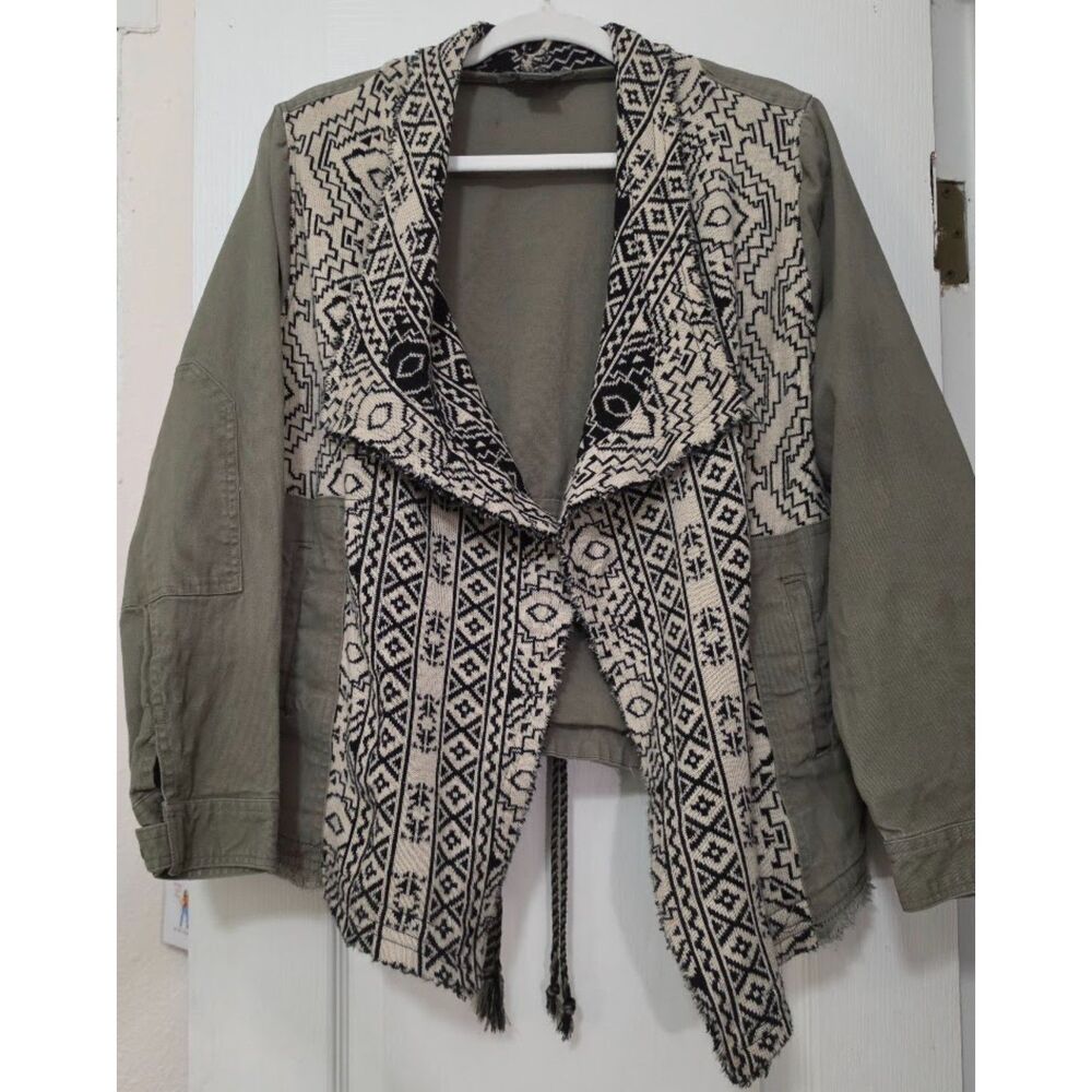 Natural Reflections Open Front Boho Jacket Olive Western Aztec S